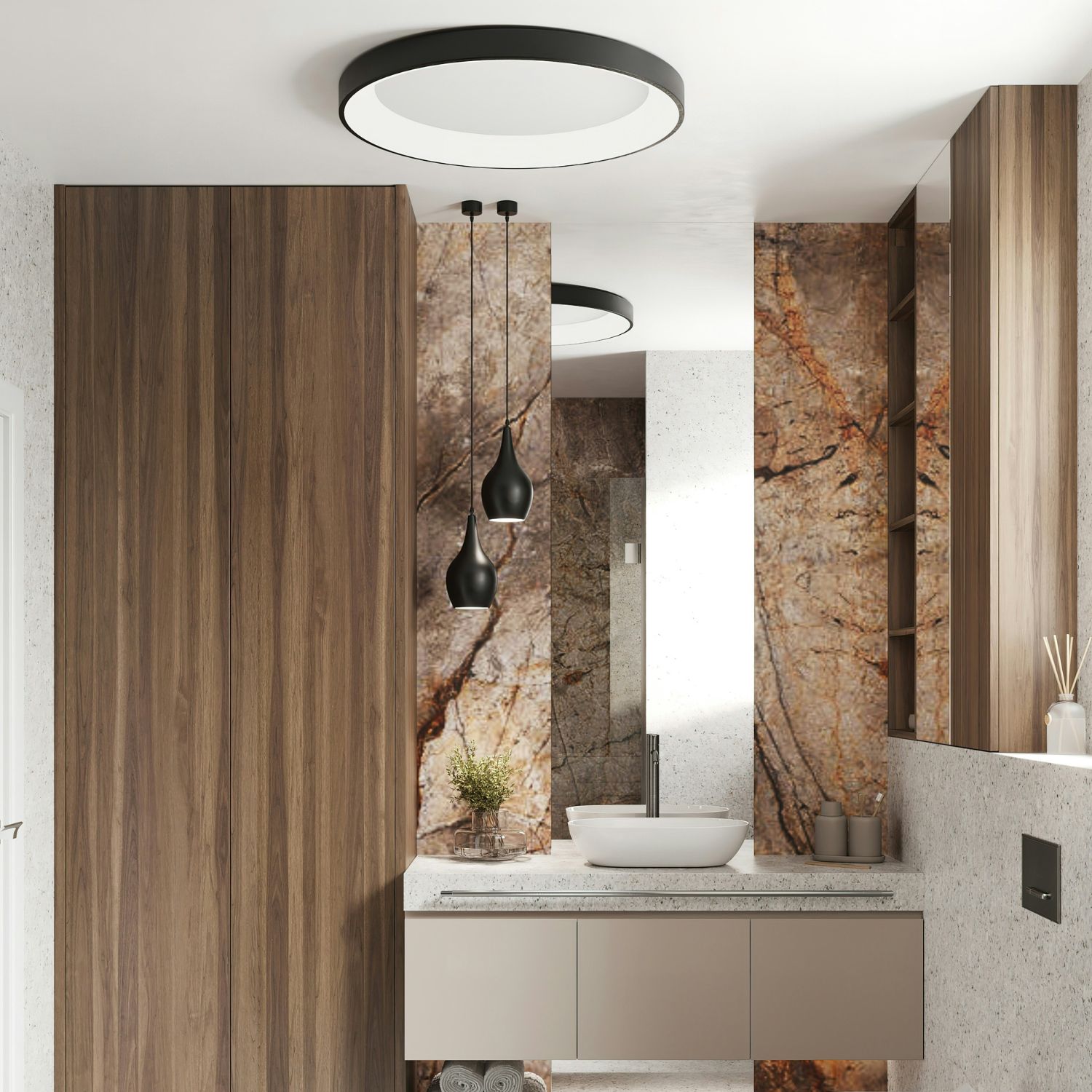 Ambiente decorado com papel de parede granilite, perfeito para lavabo ou cozinha com toque moderno e prático.