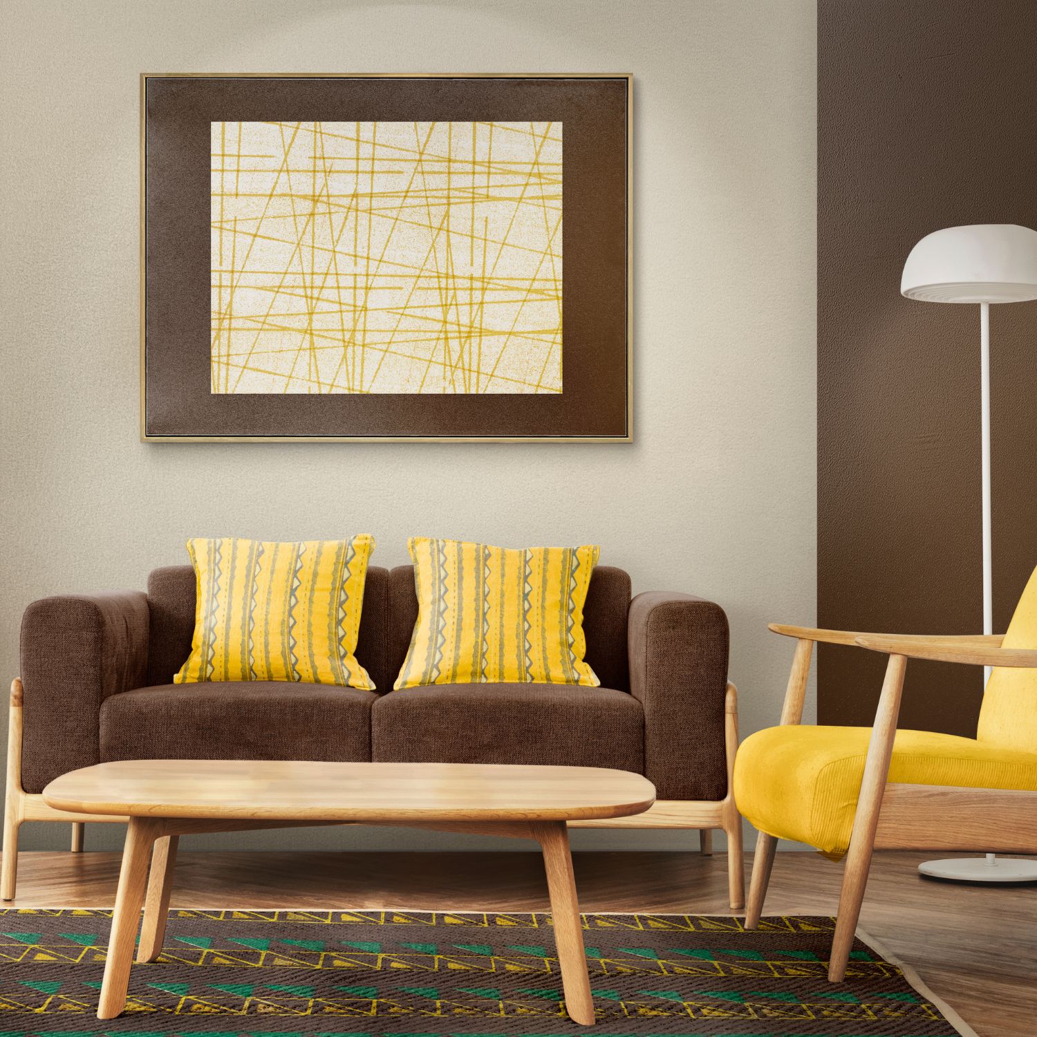 Imagem de uma sala decorada com almofadase tapete, representando o início de uma decoração aconchegante e sem obras.